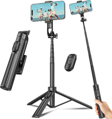 Selfie Stick Travel Tripod for Cell Phone with Remote Control and Phone Holder, Extendable Selfie Stick for iPhone, iPhone Tripod for Video Recording