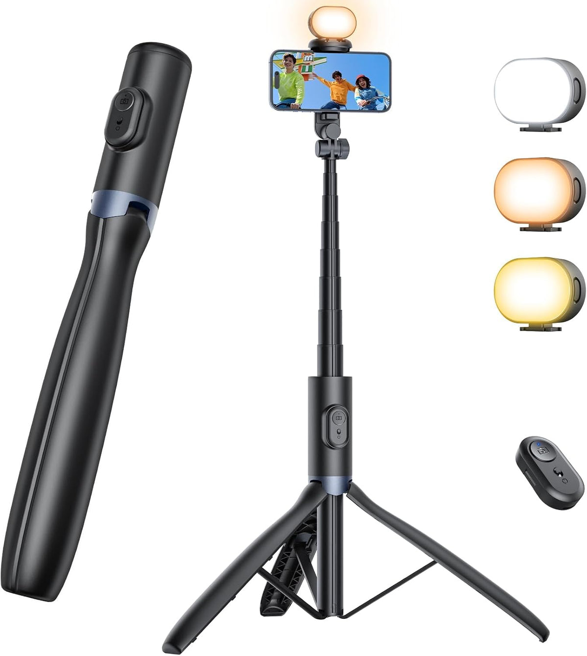 Selfie Stick Tripod with Light, Extendable Tripod Stand with Remote for Camera Phone Filming Vlogging, Travel Phone Tripod Compatible