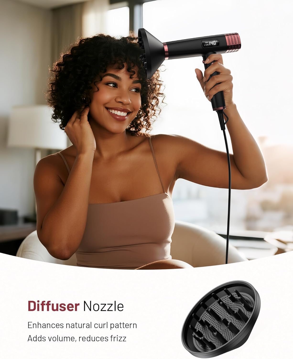 Travel Hair Dryer with Diffuser, 1875W Dual Voltage Ionic - Fast Drying & Frizz Control for Thick/Curly Hair, Lightweight Low Noise