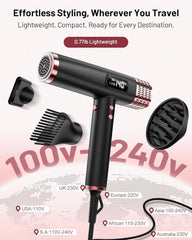 Travel Hair Dryer with Diffuser, 1875W Dual Voltage Ionic - Fast Drying & Frizz Control for Thick/Curly Hair, Lightweight Low Noise