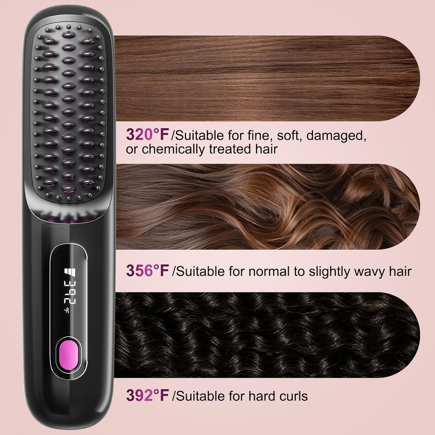 Upgraded Wireless Portable Hair Straightener Brush, 200 Million Negative Ion Technology, 113% Larger Heating Area, 3 Adjustable Temp Settings
